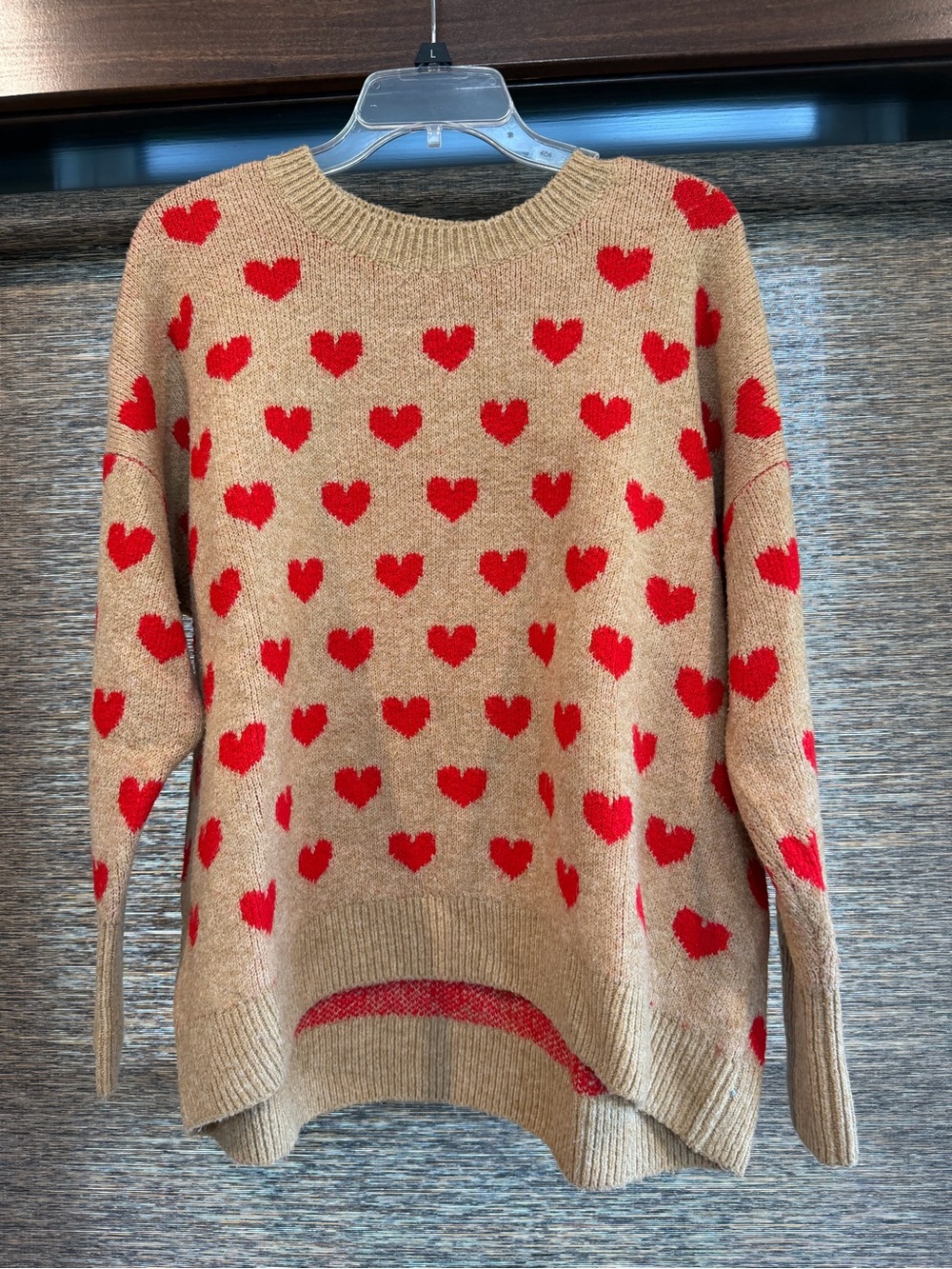 Vince Camuto Tan Crewneck Sweater with Red Heart Pattern